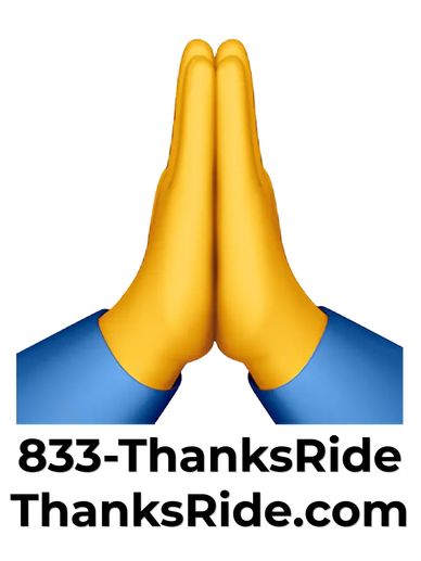 Praying hands emoji with contact info for ThanksRide service.