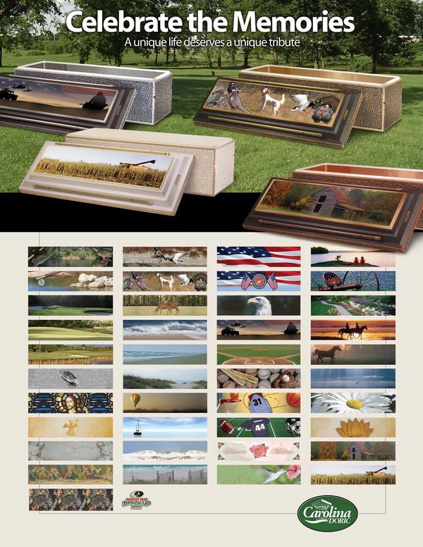 Custom casket designs celebrating unique memories with various scenic and thematic images.