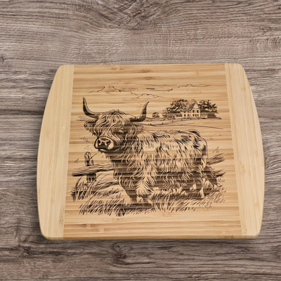 Highland cow stood by a wooden fence in a field with farmhouse in the back ground