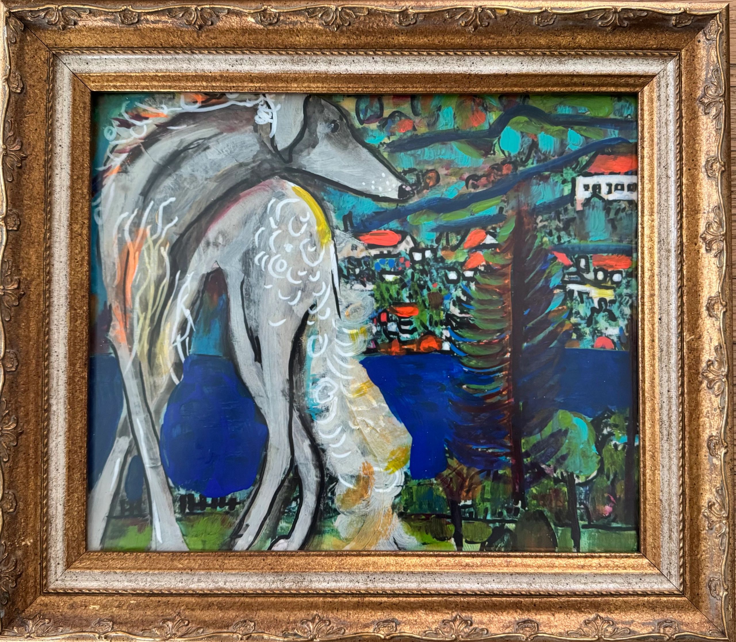 Abstract painting of a gray horse with a colorful village background.