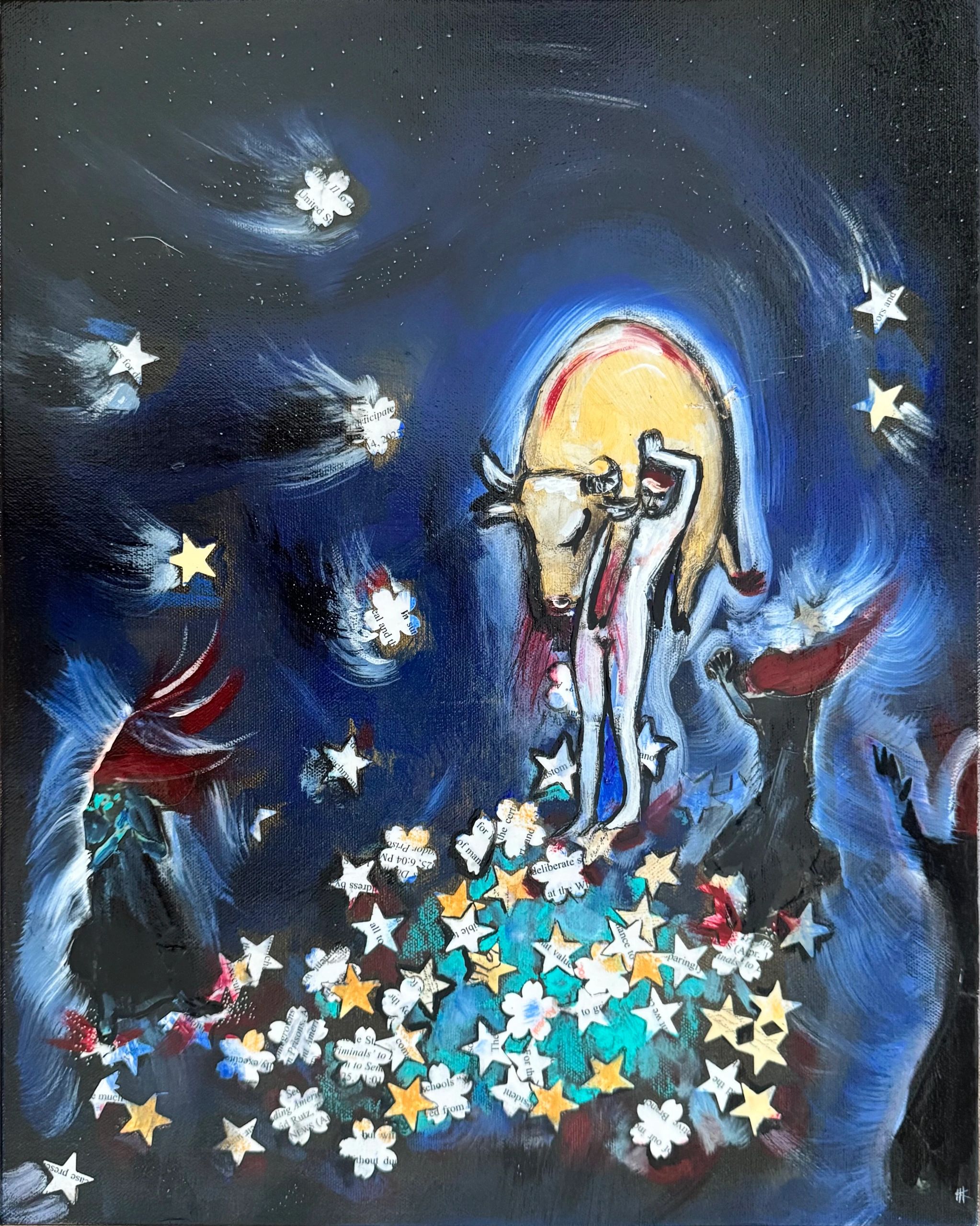 Surreal night scene with a figure, bull, and stars amidst a dark blue swirling sky.