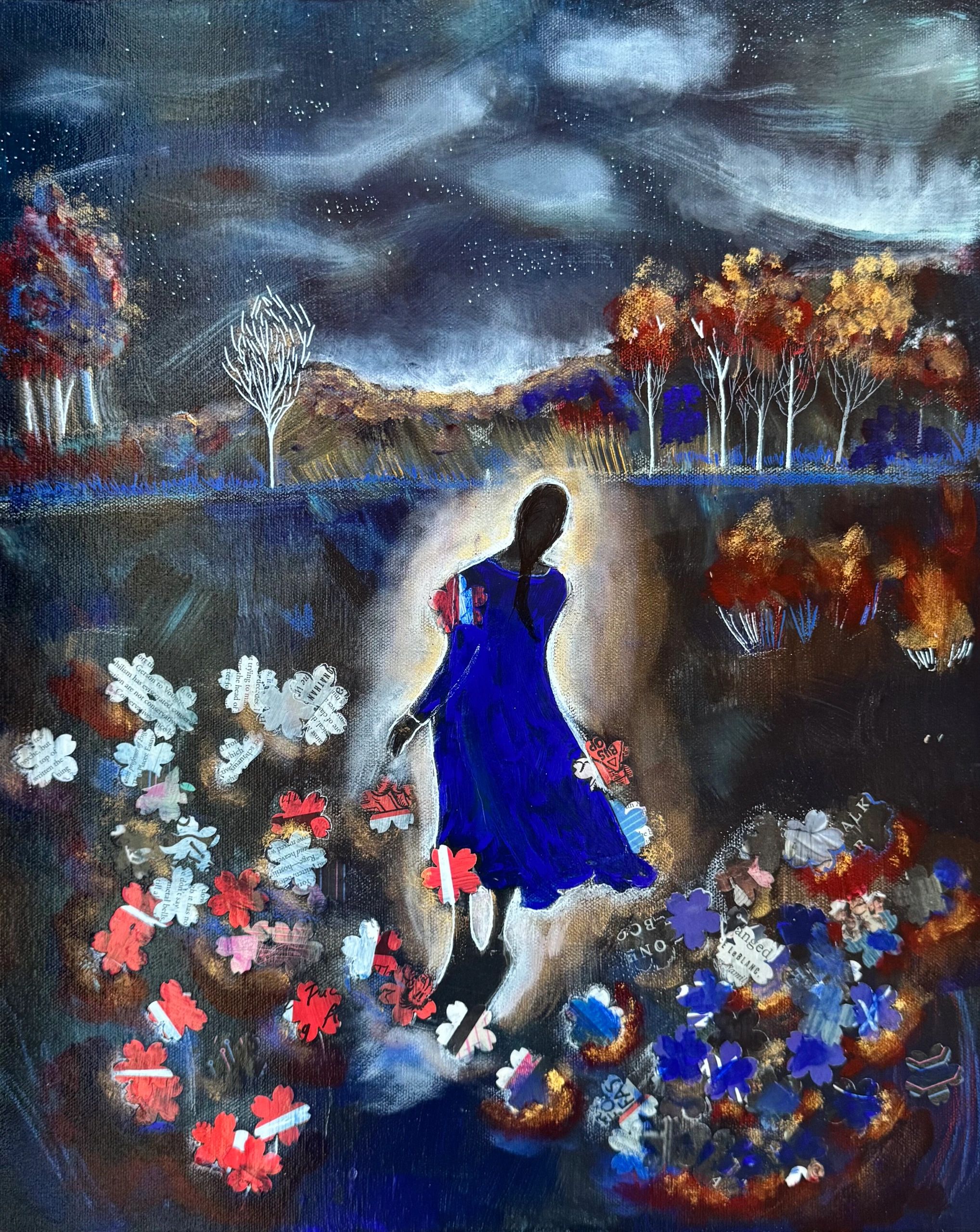 A silhouette in blue surrounded by colorful paper flowers under a starry night sky.