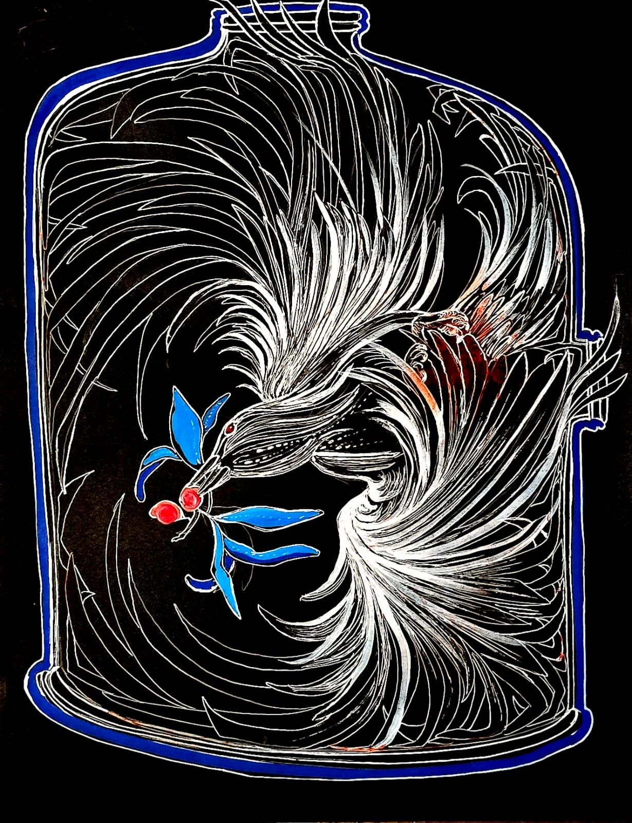Intricate bird with blue leaves inside a blue-outlined bottle on a black background.