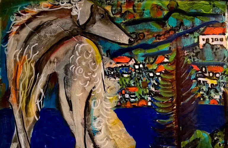 A whimsical painting of a horse overlooking a colorful village and trees.