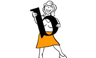 Woman with orange skirt smiling while holding a black letter B, which stands for Better