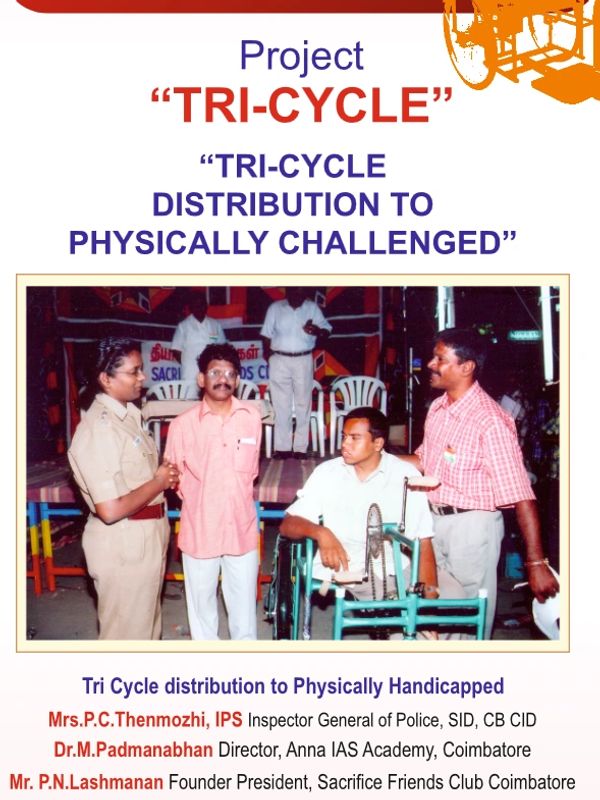 Project distributing tri-cycles to physically challenged individuals.