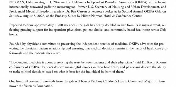 Announcement of OKIPA's upcoming pediatric research conference with Dr. Ben Carson as keynote speaker.