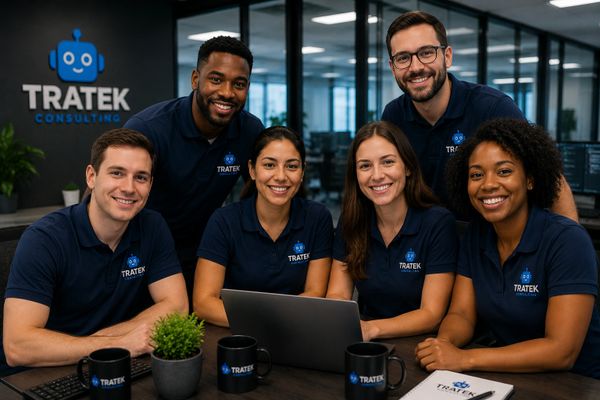 A diverse team of six smiling employees at Tratek Consulting in matching polo shirts.