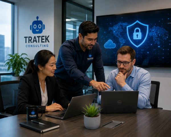 Three professionals collaborating on laptops in a modern office with cybersecurity visuals.