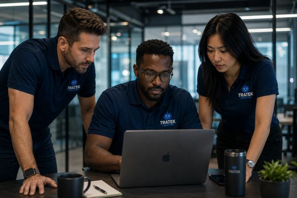 Three colleagues in matching shirts collaborating over a laptop in a modern office.