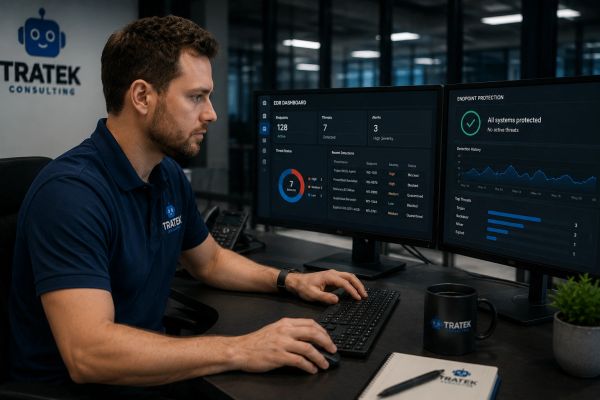 Man analyzing cybersecurity dashboard at workstation in a modern office.