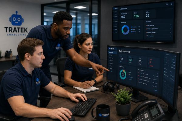 Three professionals analyzing data on monitors at Tratek Consulting.