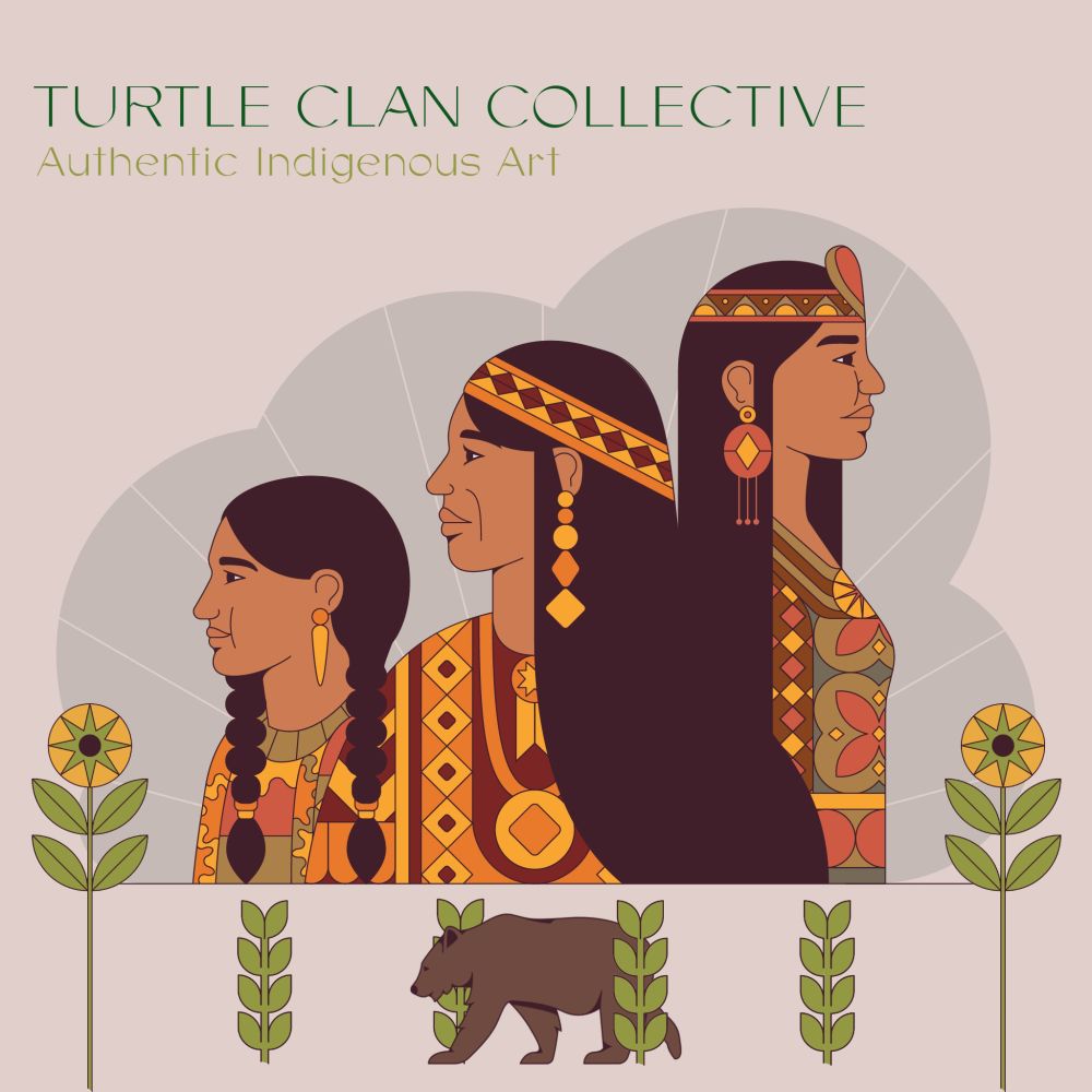 A graphic Arts image of three native women of different generations looking outward. 