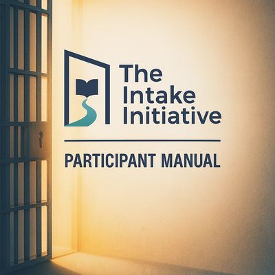 Light shines through prison bars onto The Intake Initiative participant manual text.