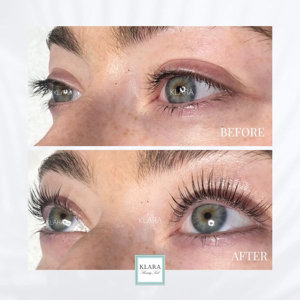 Before and after eyelash extension or lift showing enhanced lashes.