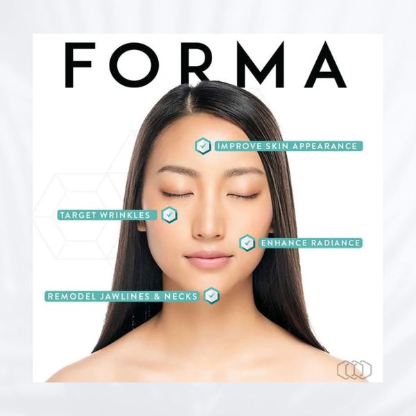 Woman with flawless skin highlighting benefits of Forma skin treatment.