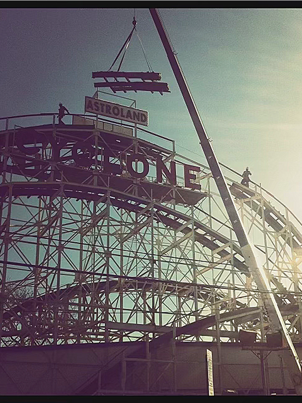 BMG Crane replacing existing track on the Cyclone Roller Coaster in Coney Island, Brooklyn NY
