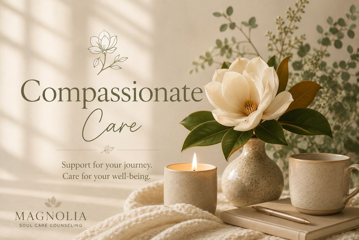 Cozy scene with magnolia flower, candle, and cup promoting compassionate care.