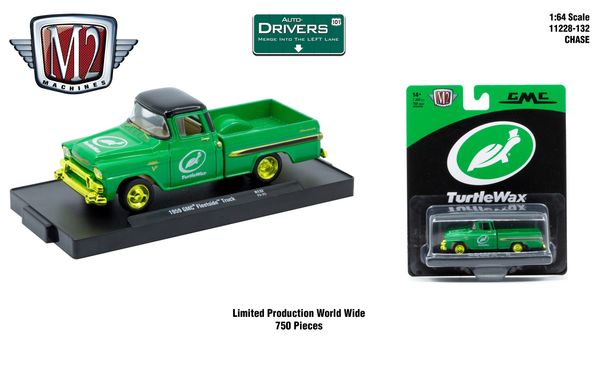 Green 1956 GMC pickup toy truck by M2 Machines with TurtleWax branding.