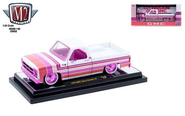 1:24 scale 1976 GMC Sierra Grande pickup with pink and white stripes.
