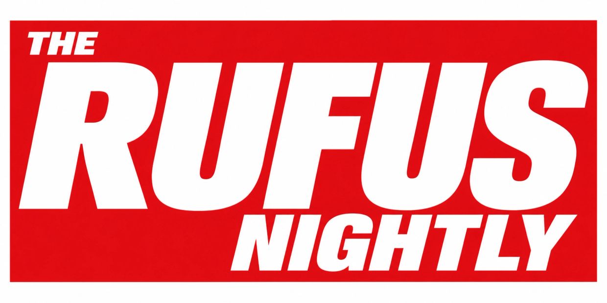 Text logo reading 'THE RUFUS NIGHTLY' in bold white letters on a red background.