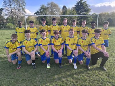 Youth soccer team posing in yellow jerseys on a grassy field.