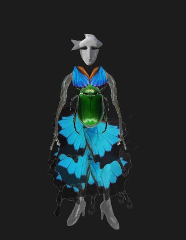 Surreal figure with insect and butterfly elements.
