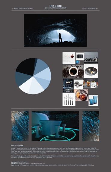 Design proposal board for The Cave Cavewoman Philosophy Club with images and color palette.
