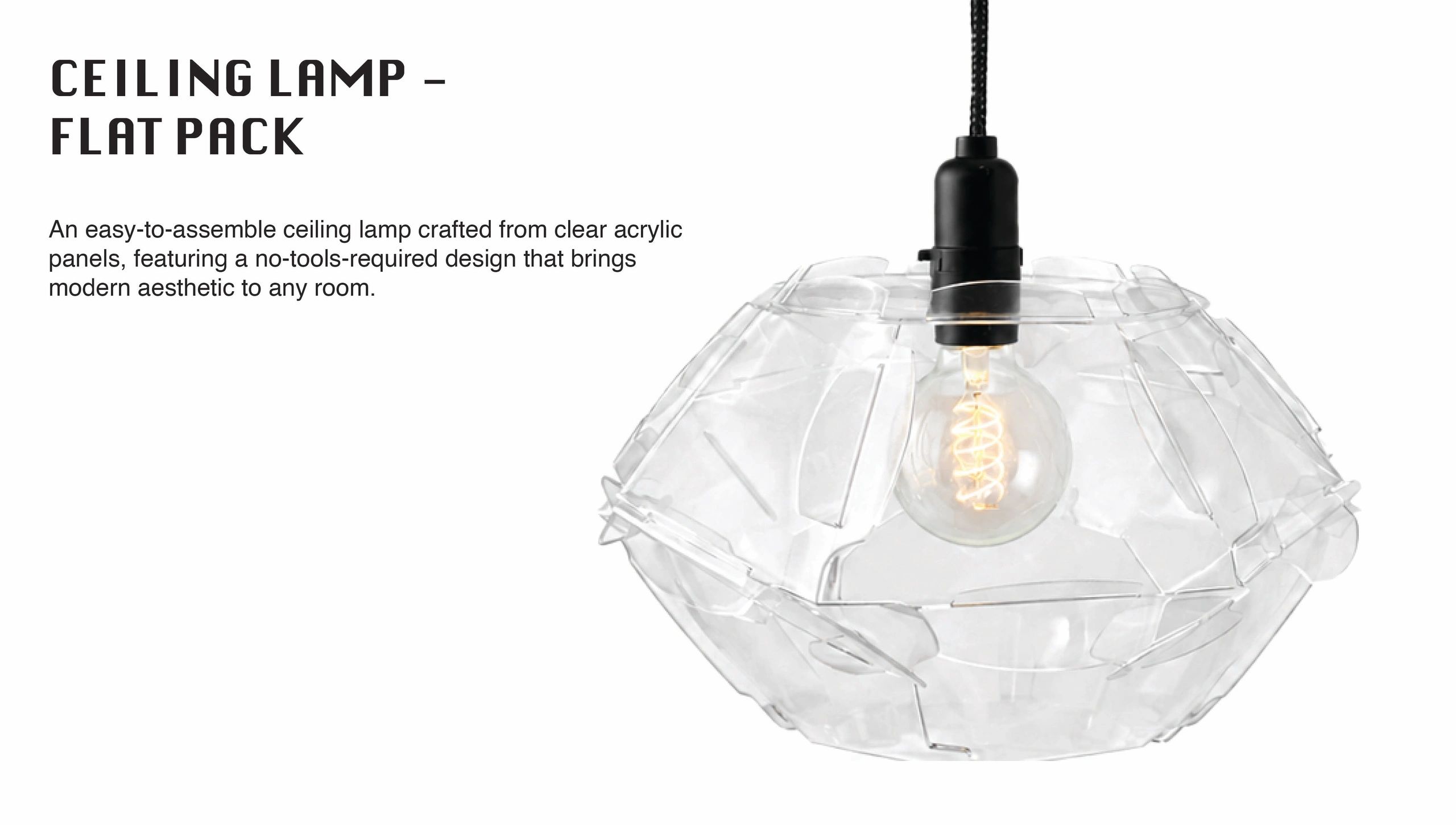 Clear acrylic ceiling lamp with a modern, no-tools assembly design.
