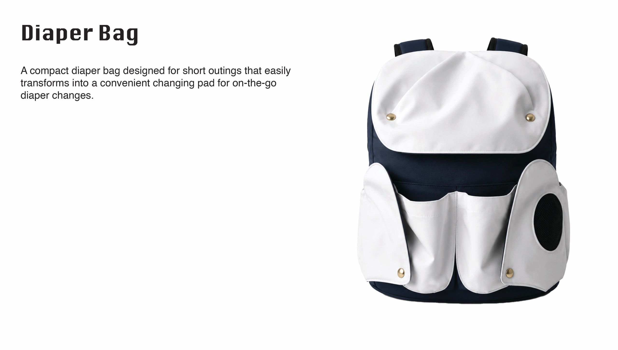 Compact diaper bag with transforming changing pad for on-the-go convenience.
