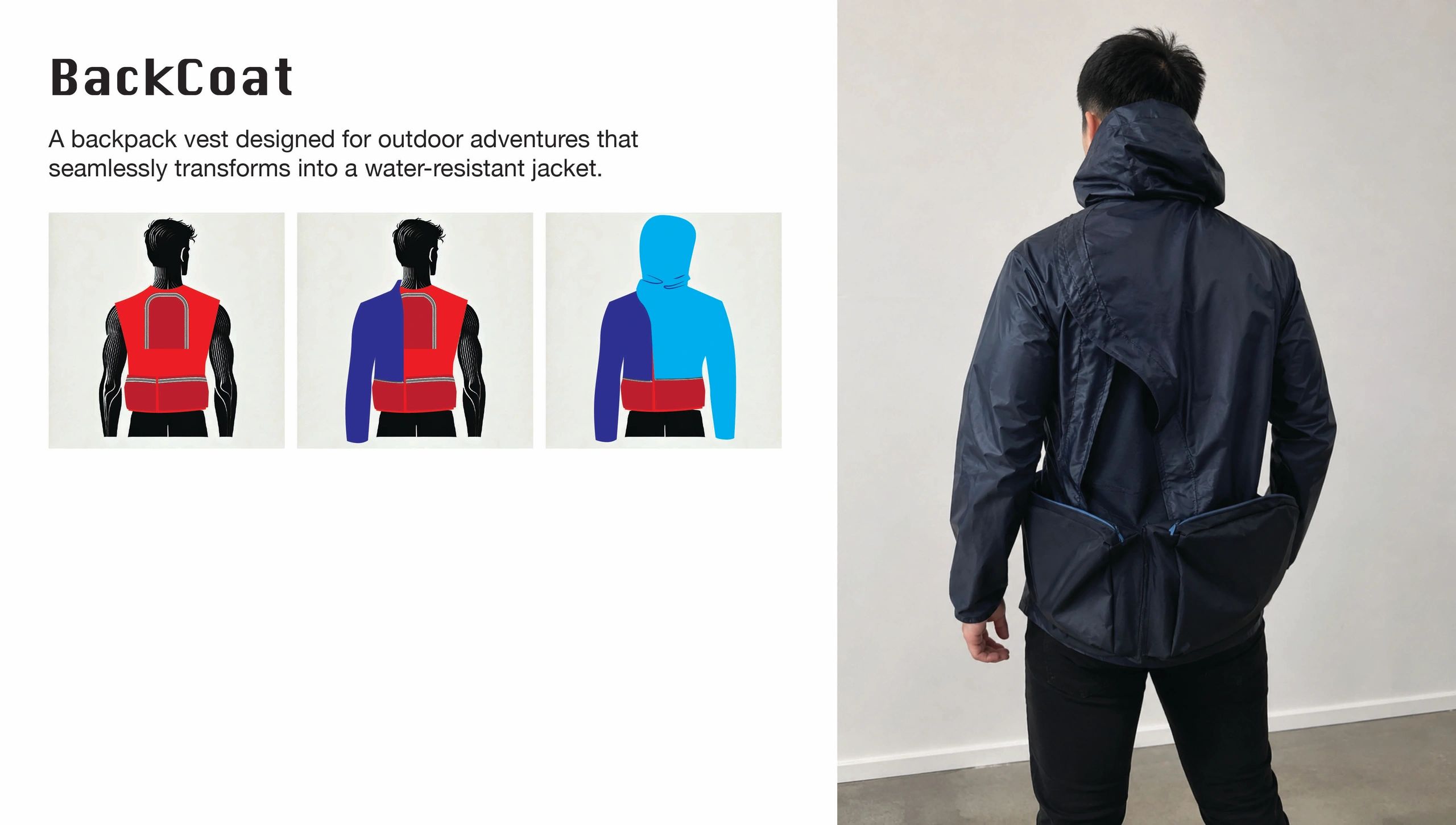A versatile backpack vest that transforms into a water-resistant jacket for outdoor use.