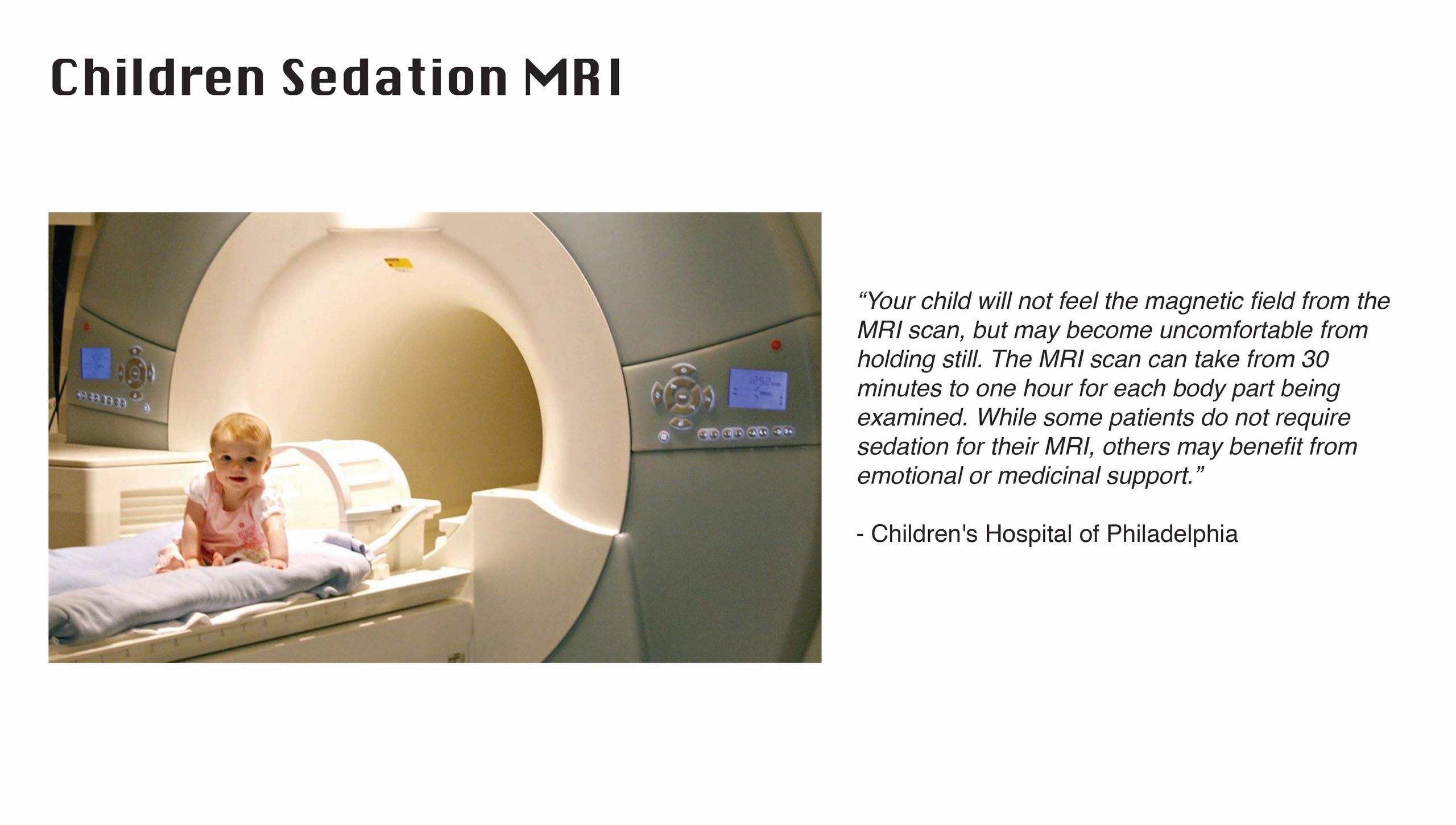 A baby sitting on an MRI machine bed, illustrating children sedation MRI.