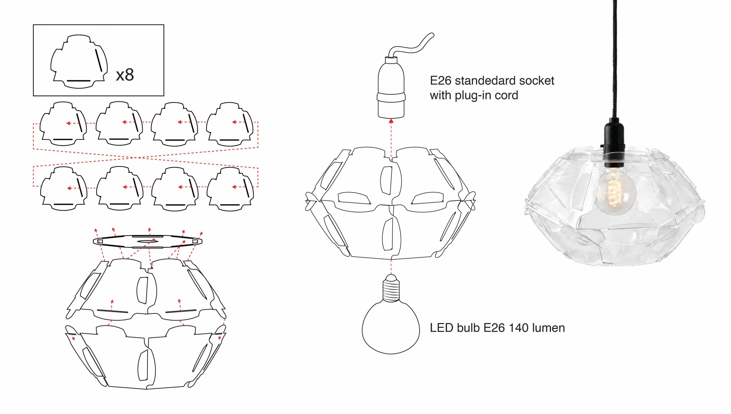 Assembly instructions for a clear pendant light with eight panels and an E26 LED bulb socket.