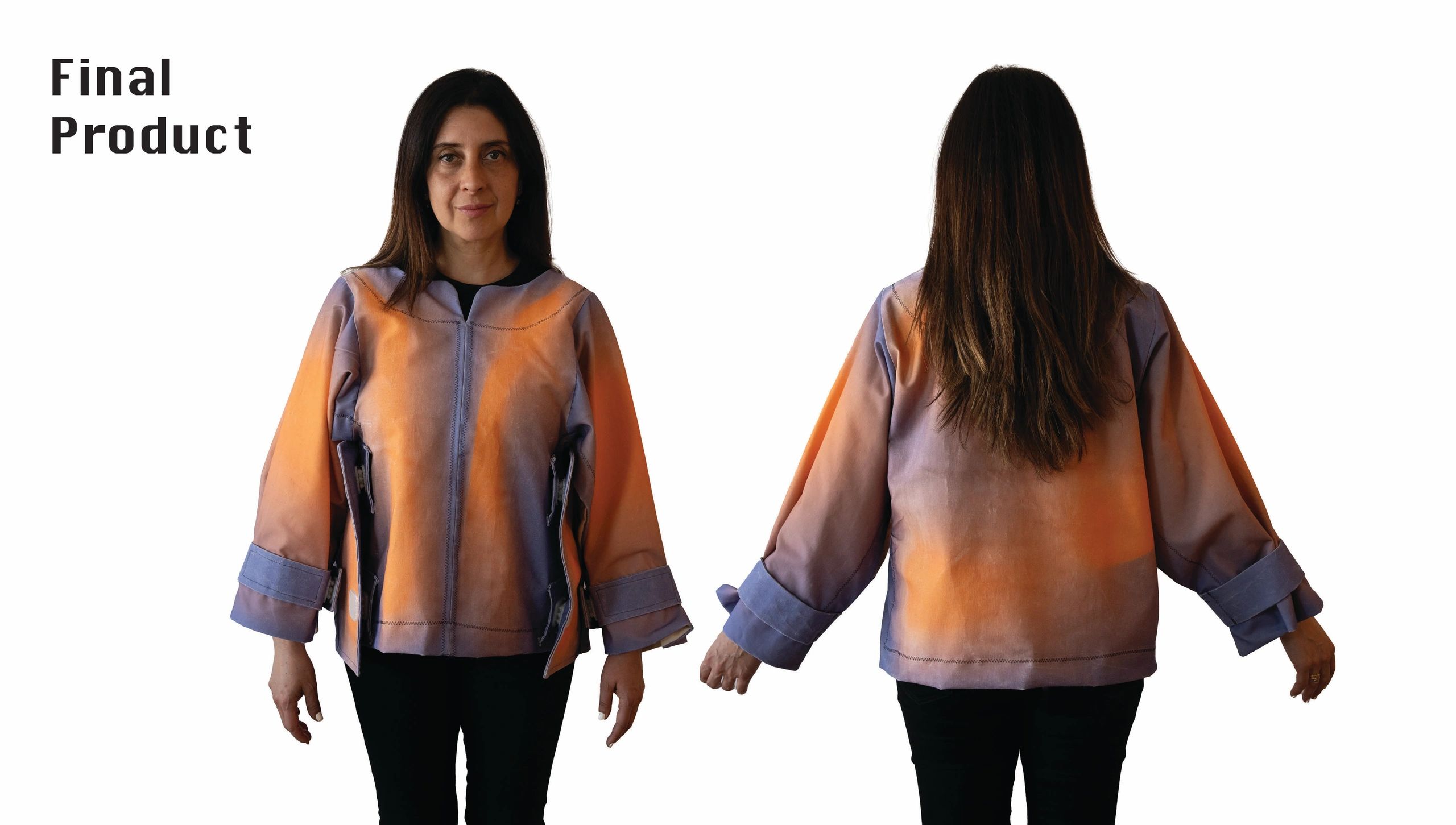 Woman modeling a stylish orange and purple gradient jacket, front and back views.