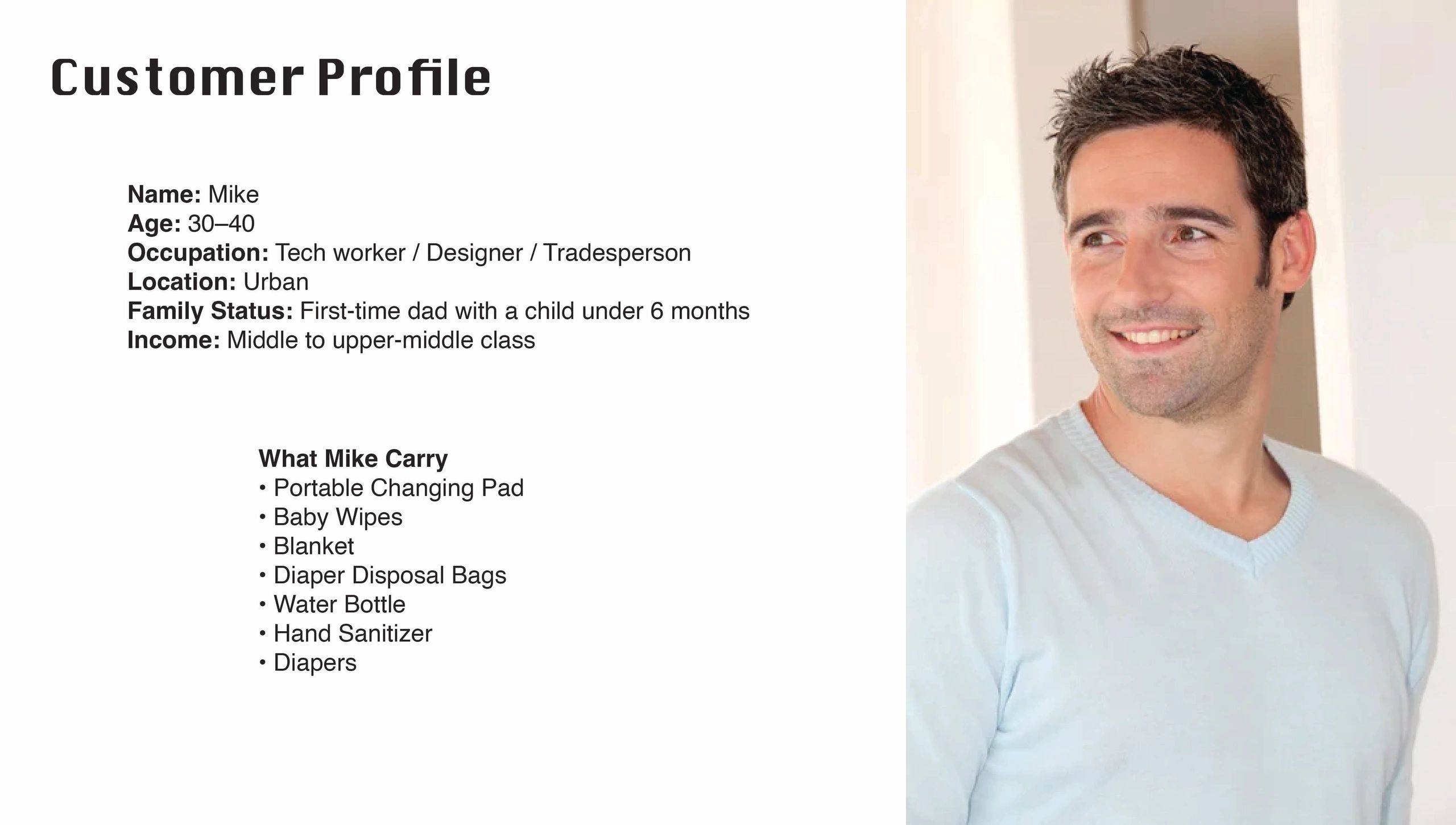 Profile of Mike, a first-time dad aged 30-40, tech worker, living in an urban area.
