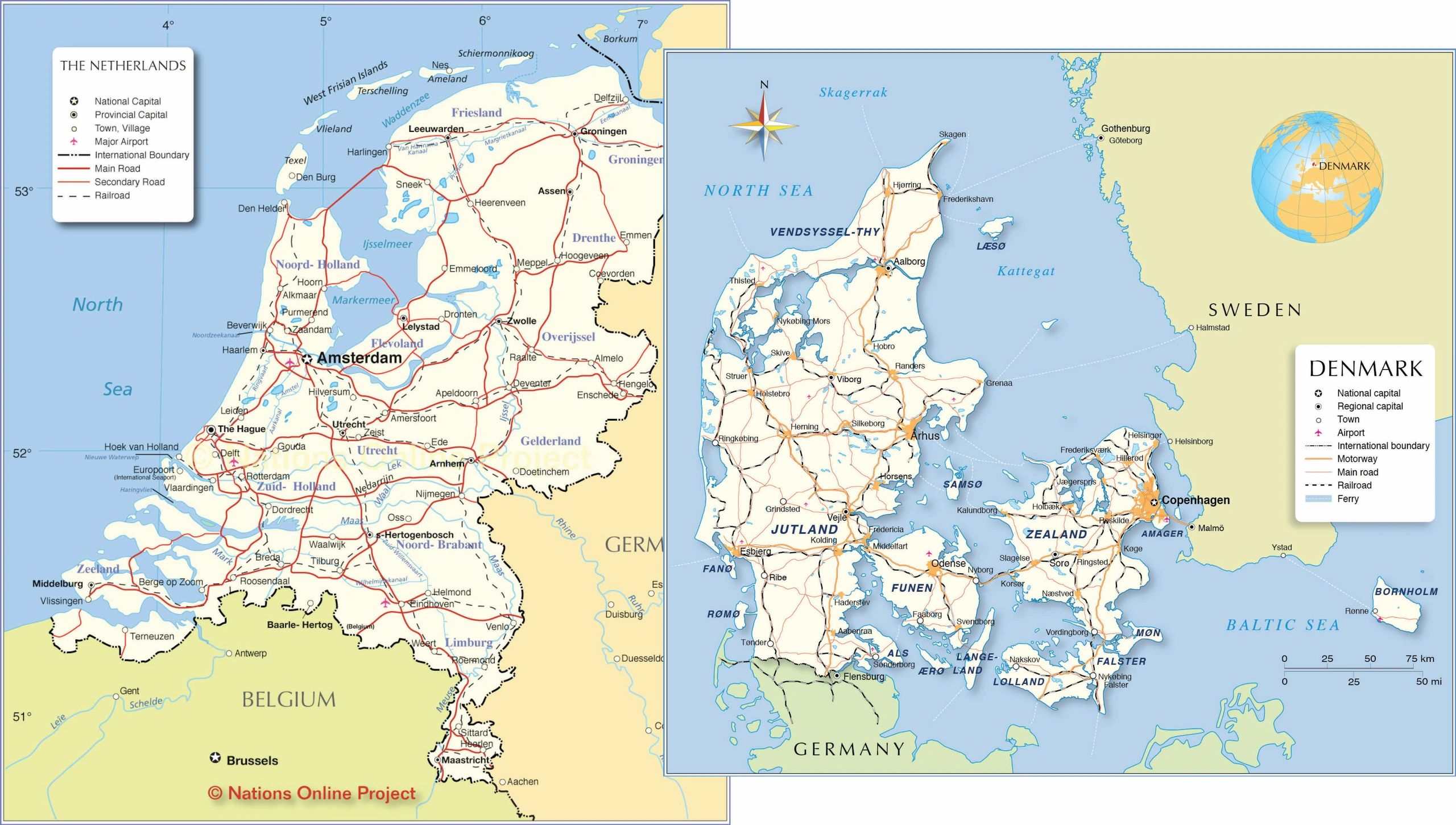 Maps showing major cities, roads, and geographical features of the Netherlands and Denmark.