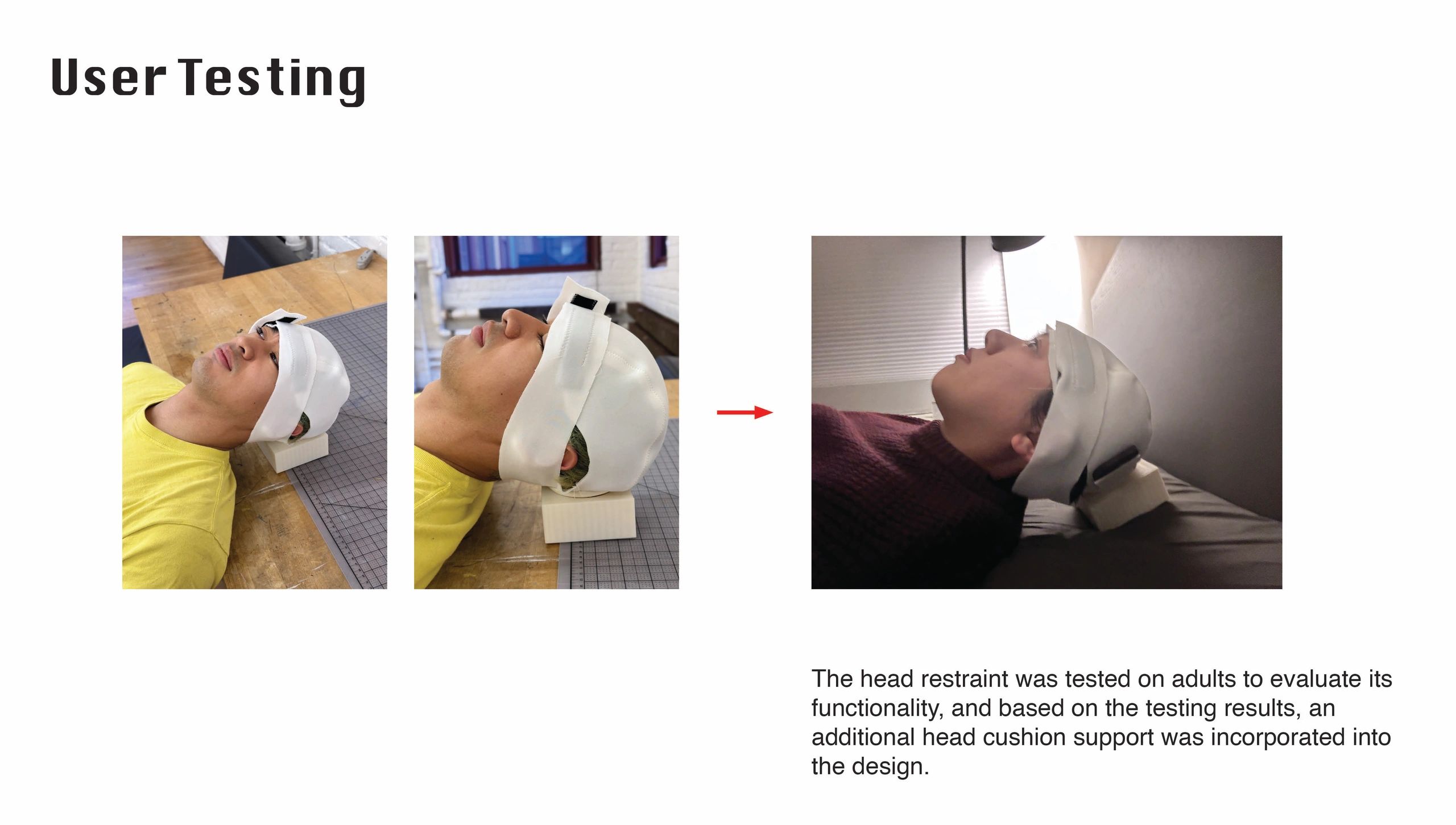 Adults testing a white head restraint device for functionality.