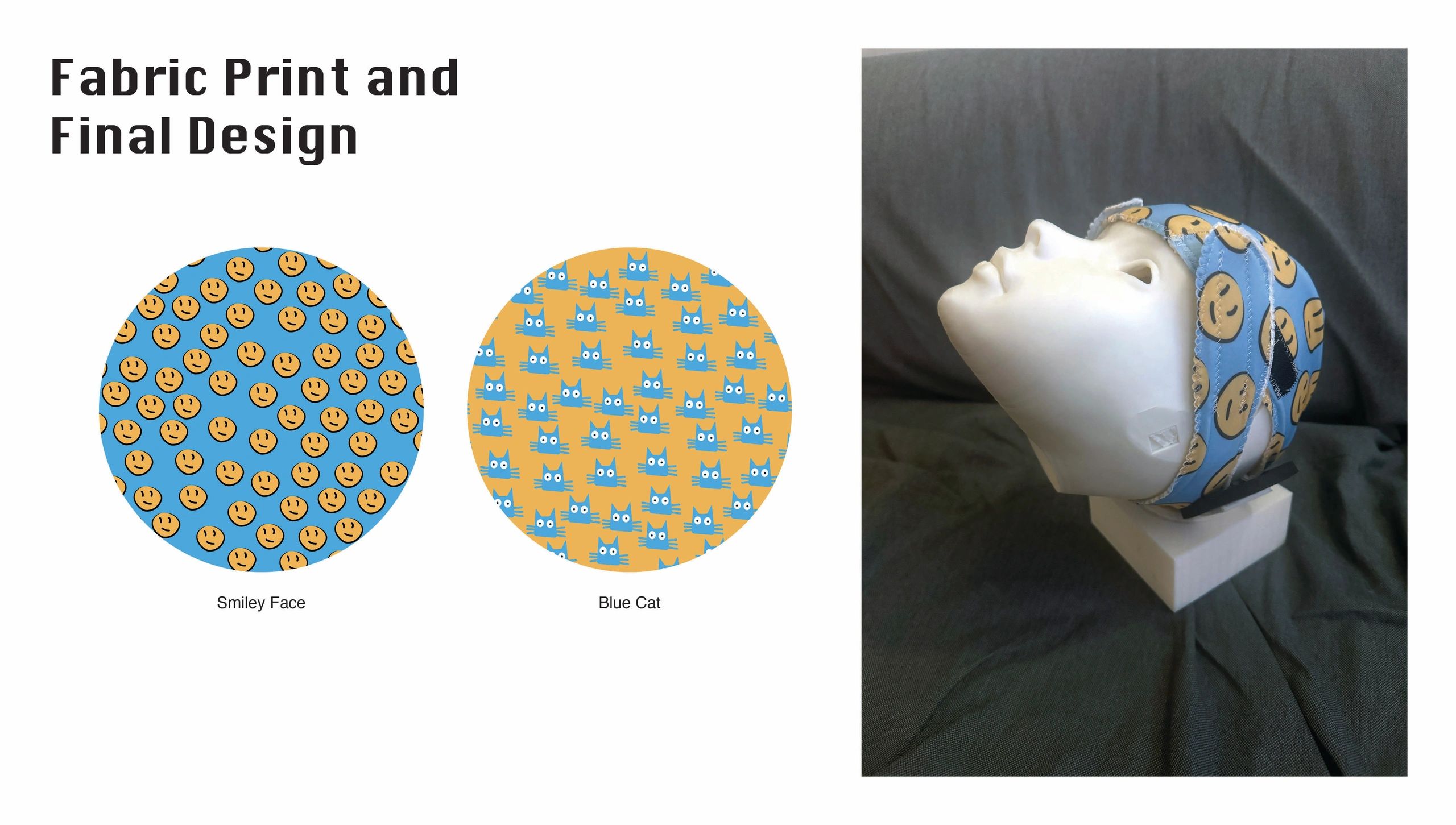 Fabric design options and a mannequin head wearing a cap with smiley face print.