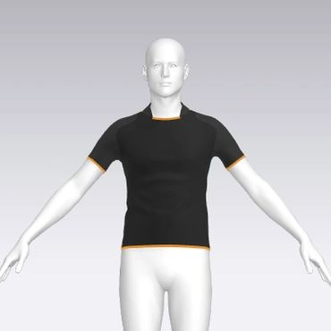 3D mannequin wearing a black t-shirt on gray background.