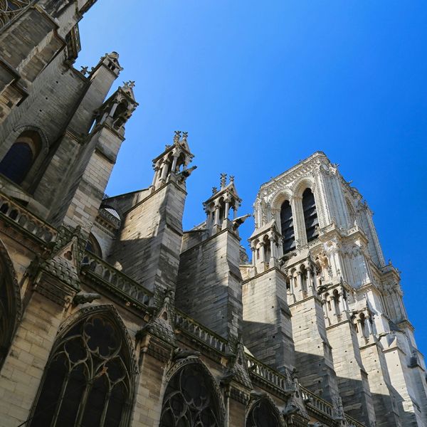 Gothic cathedral facade with gargoyles under clear blue sky.