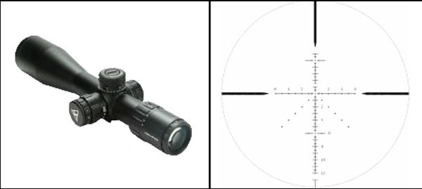 A rifle scope and its reticle view with measurement markings.