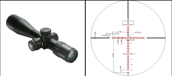 A rifle scope and its reticle view with detailed measurements.