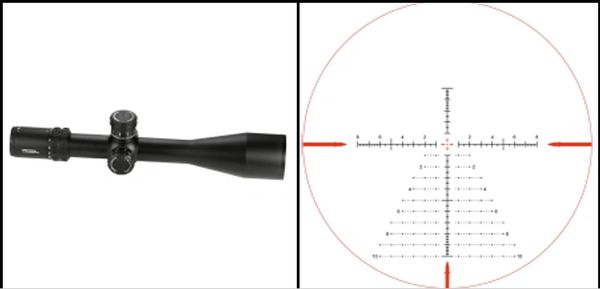 A rifle scope with detailed reticle markings shown inside the lens.