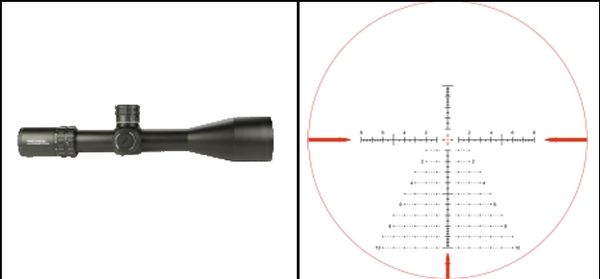 A rifle scope and its reticle view with measurement markings.