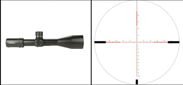 Side view and reticle pattern of a rifle scope with illuminated crosshairs.
