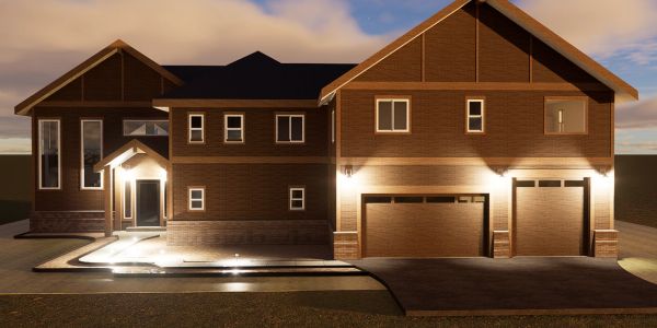 Modern lit house at dusk with a triple garage.