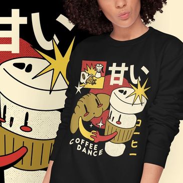 Black sweatshirt featuring whimsical coffee-themed cartoon characters and Japanese text.