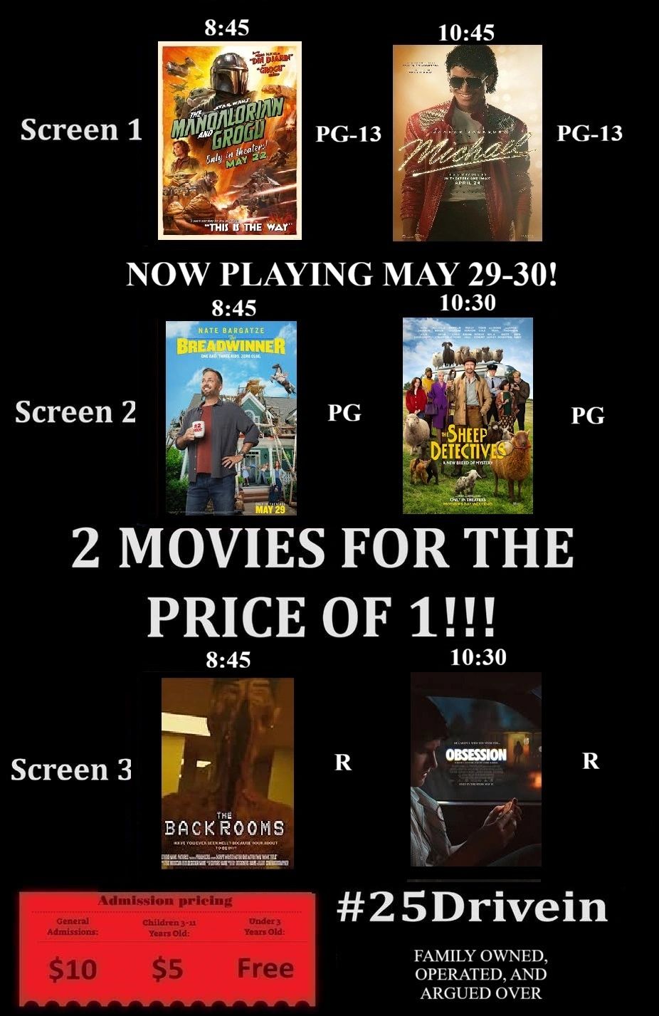 Drive-in movie schedule showing six movies with times and ratings.