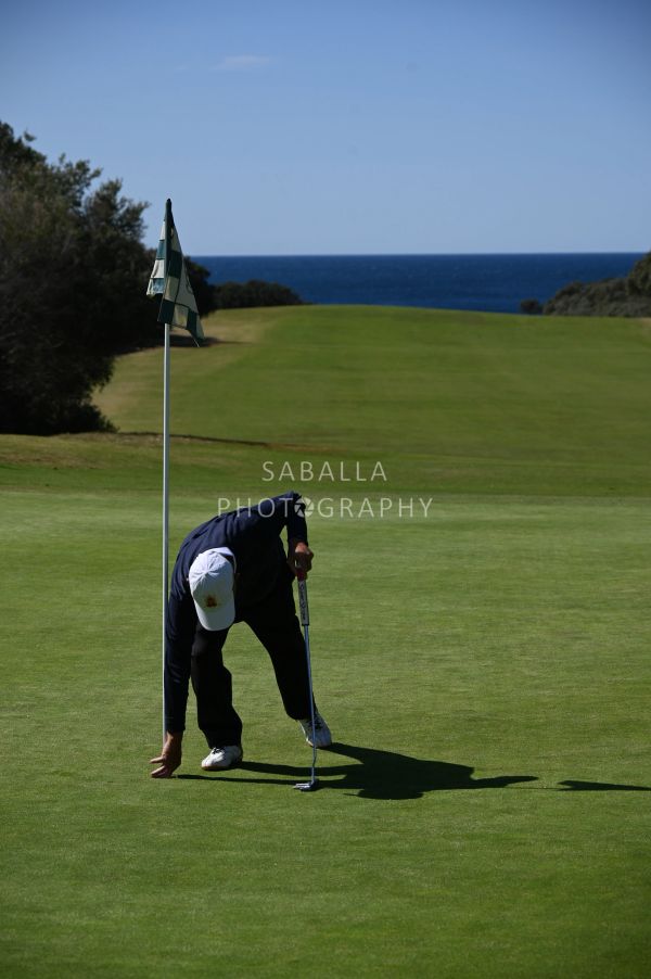 Golfer placing a ball near the hole on a sunny golf course.