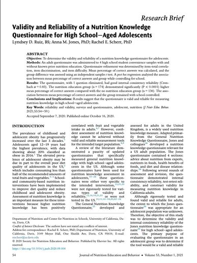 Research brief on nutrition knowledge questionnaire for high school adolescents.
